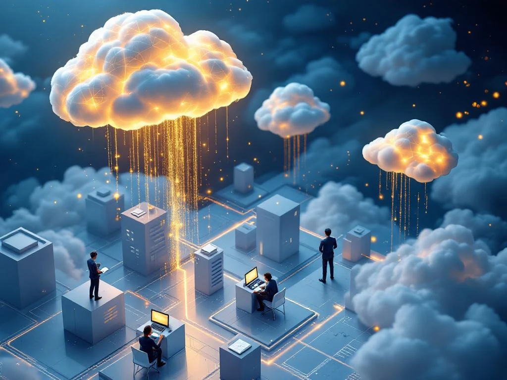 Aerial view of glowing clouds above digital office buildings with golden data streams connecting traditional payroll work to cloud technology.