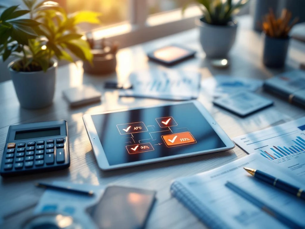 Tablet displaying digital approval workflow with checkmarks on modern office desk with financial documents and calculator