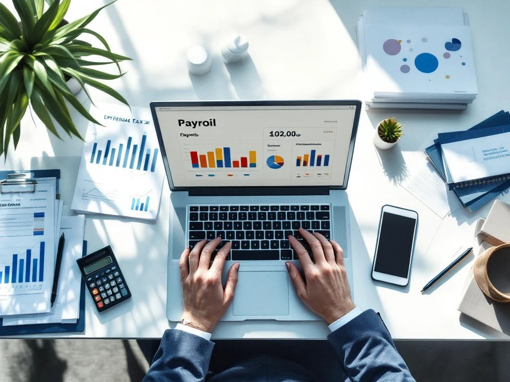 Professional hands typing on laptop displaying payroll charts with European tax documents and calculator on modern office desk