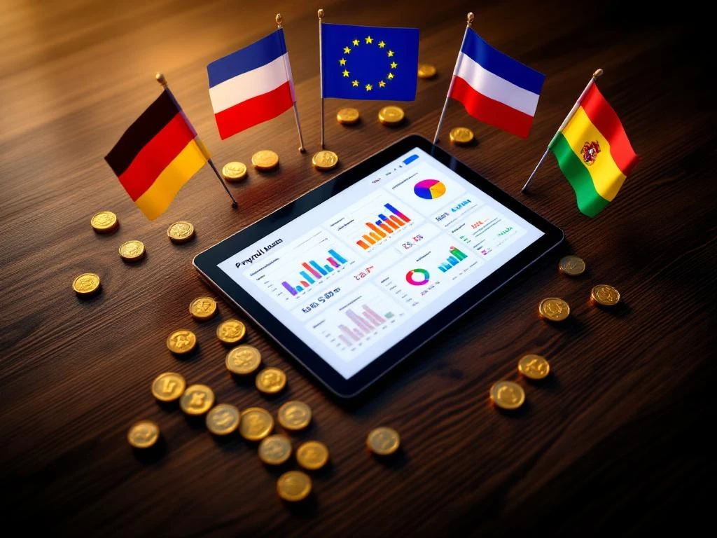 Digital tablet displaying payroll dashboard surrounded by European flags and EU coins on modern office desk