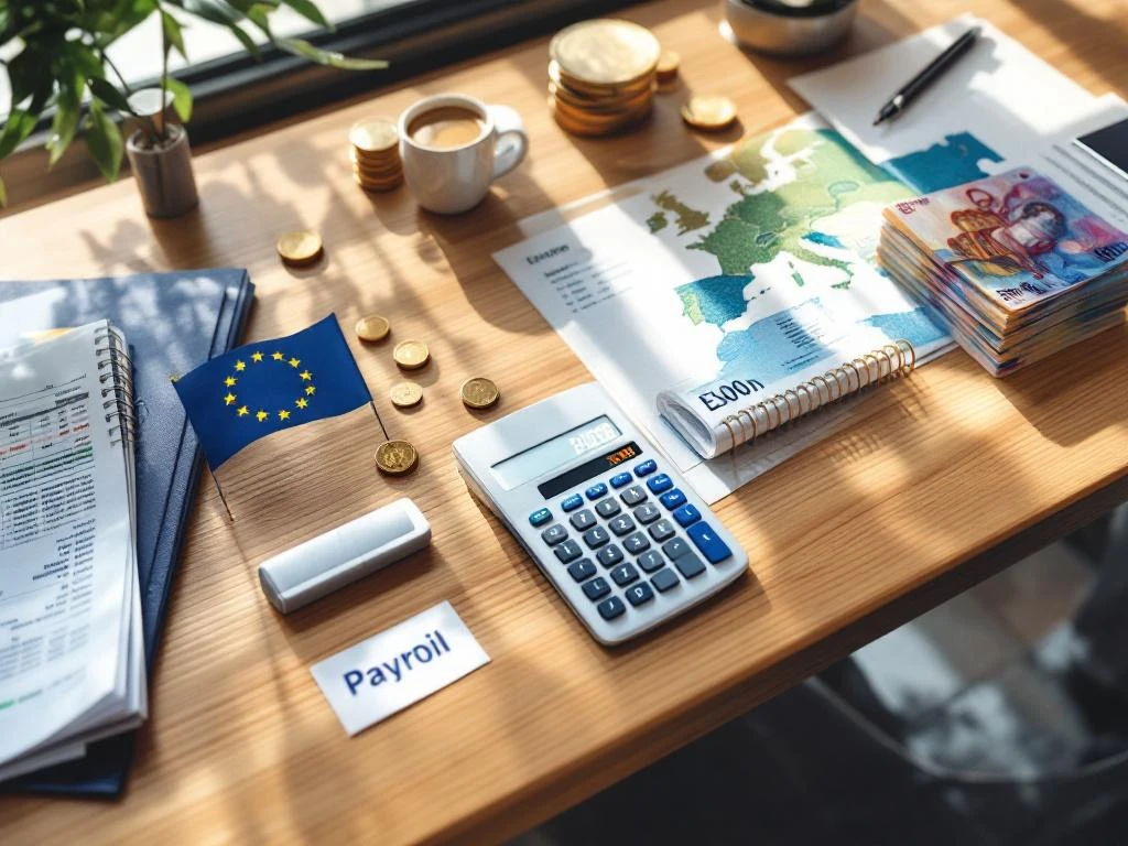 European Union flag on modern desk with euro banknotes, tax documents, calculator, and payroll spreadsheets for EU taxation.