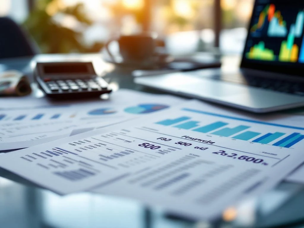 Financial documents and payroll spreadsheets on glass desk with calculator, euro banknotes, and laptop showing data charts