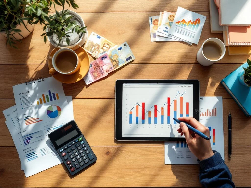 Modern office desk with calculator, Euro banknotes, financial spreadsheets, and tablet displaying budget charts and graphs.