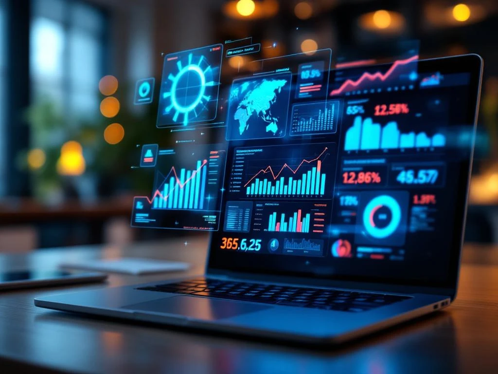 Digital dashboard displaying colorful analytics charts and financial data visualizations floating above laptop screen