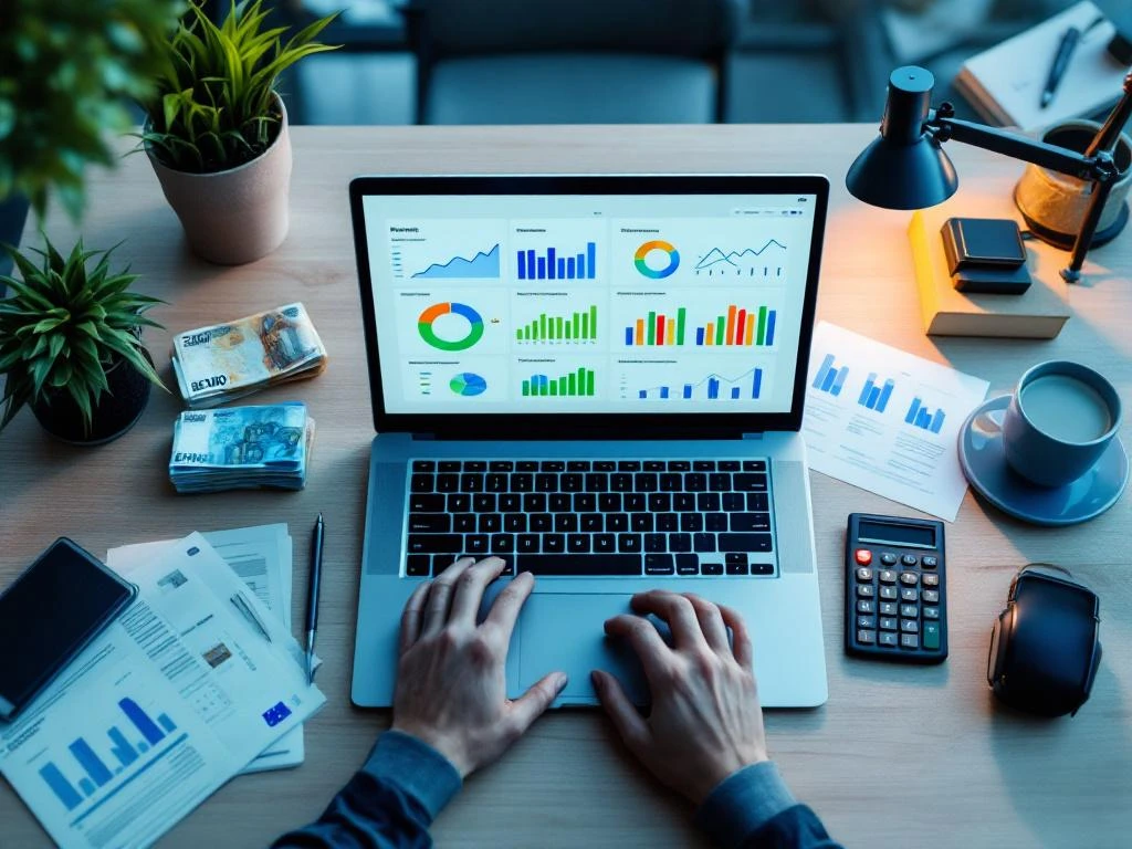 Modern office desk with laptop displaying payroll analytics, surrounded by euro currency, calculator, and EU compliance documents.
