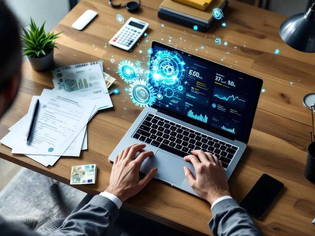 Modern office desk with laptop displaying automated payroll dashboard, surrounded by financial documents and currency notes.