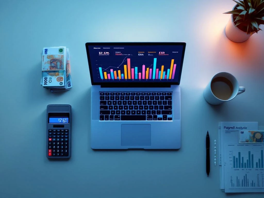 Laptop displaying colorful payroll analytics charts on modern desk with European currency, calculator, and financial documents