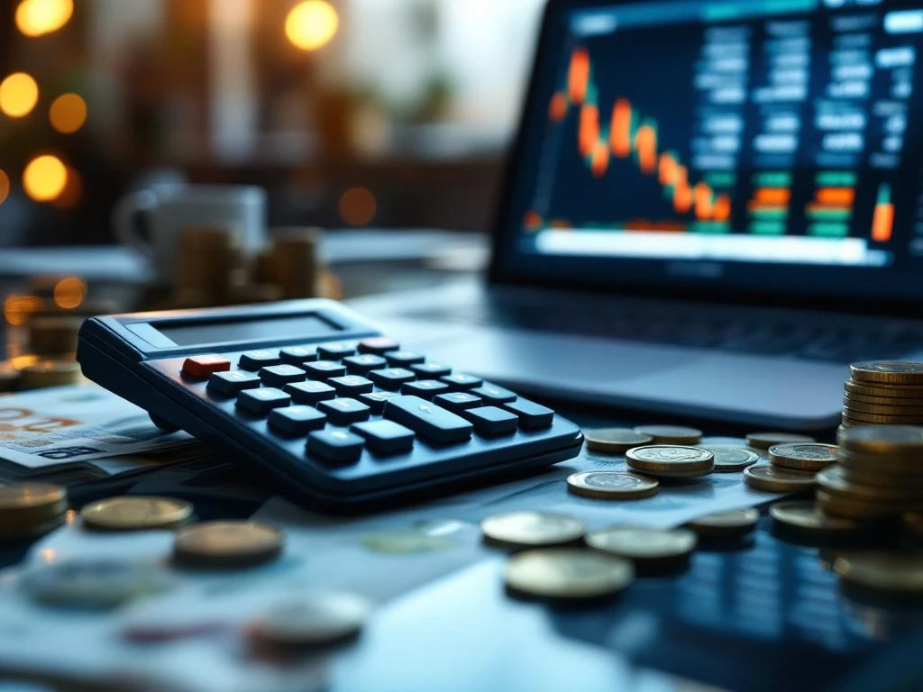 Calculator with euro banknotes and coins on glass desk, laptop showing payroll spreadsheet data in background