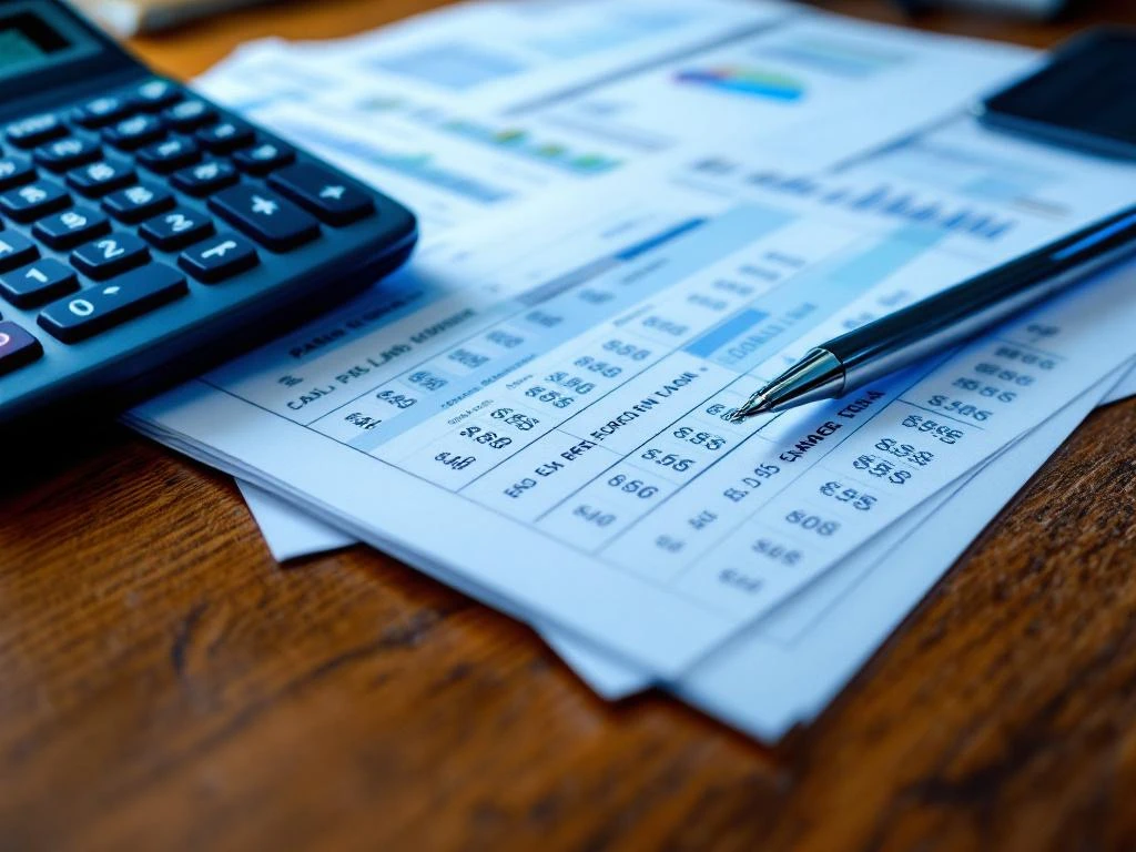 Financial documents and calculator on wooden desk showing payroll calculations with highlighted salary figures and pen