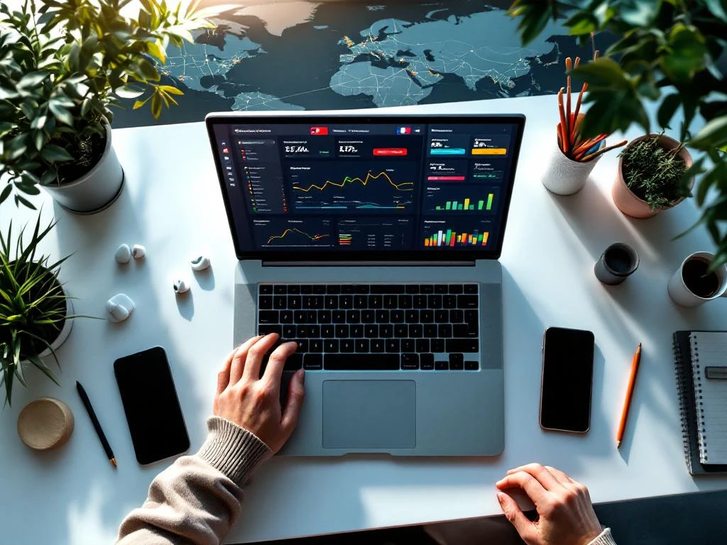 Modern laptop displaying colorful payroll dashboard with European flags on white desk with earbuds, phone, and office supplies
