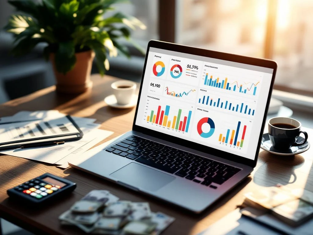Laptop displaying colorful payroll dashboard on modern office desk with financial documents, calculator, and euro banknotes.