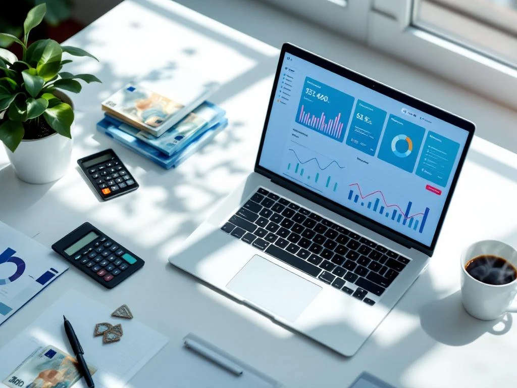 Modern office desk with laptop displaying colorful payroll dashboard, surrounded by calculator, currency, and documents