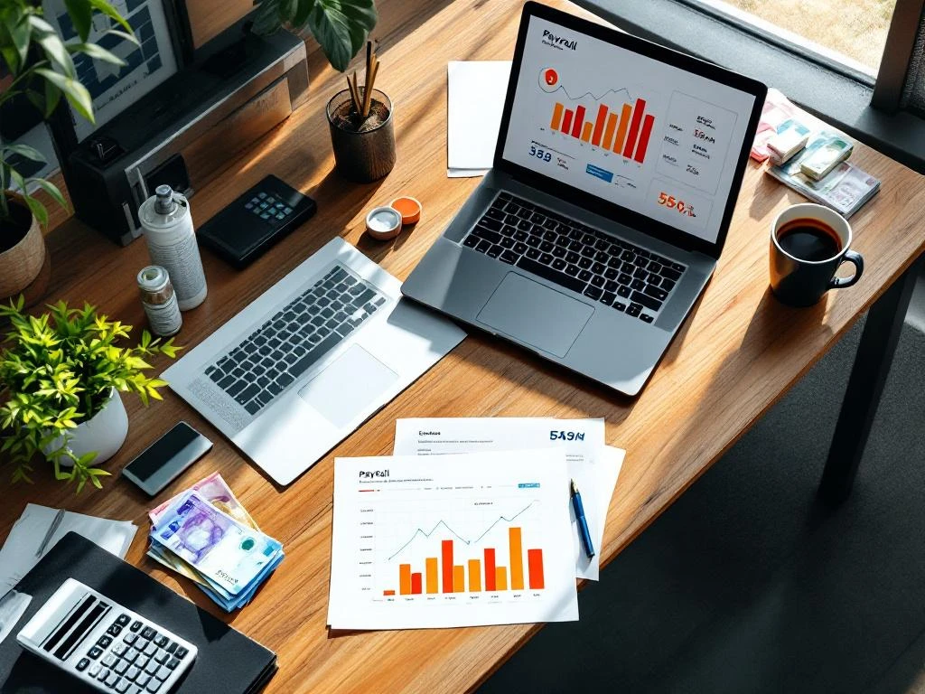 Modern office desk with laptop displaying payroll dashboard, business documents, calculator, euro banknotes, and coffee cup