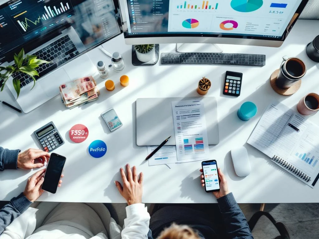 Modern office desk with multiple monitors showing payroll dashboards, calculators, reports, and European currency notes