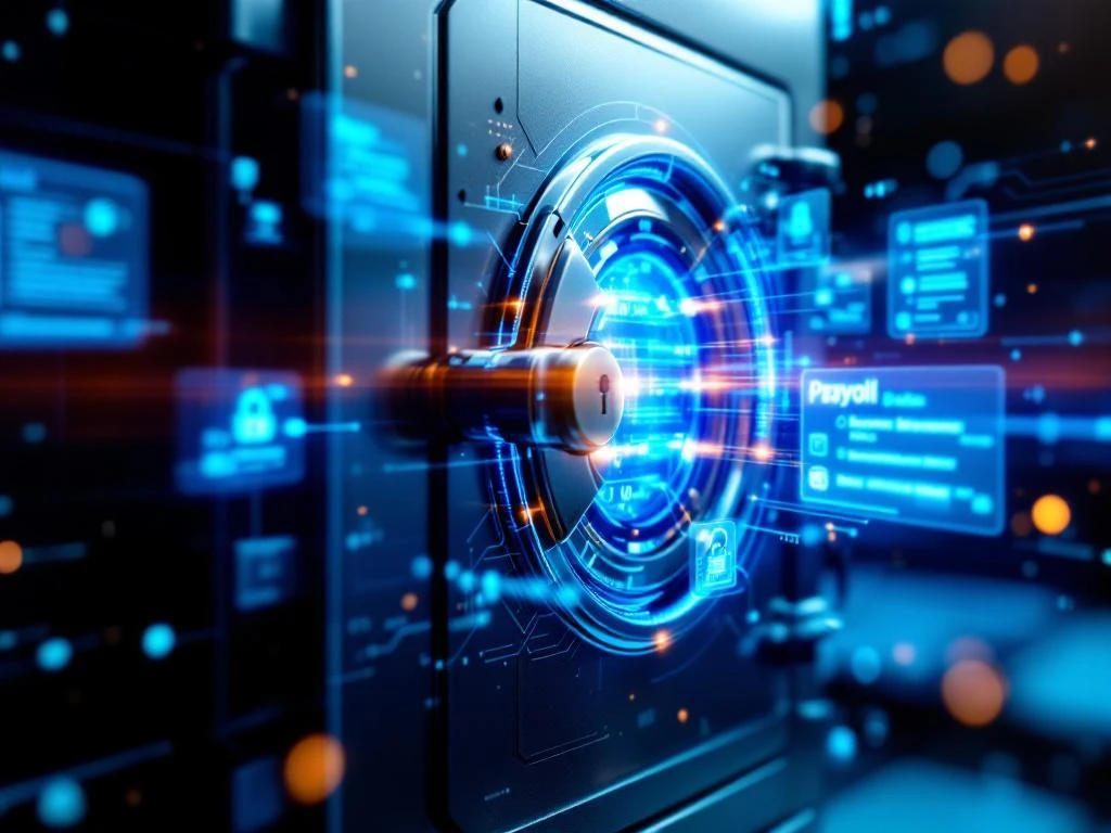 Digital safe with glowing blue circuits surrounded by holographic payroll data and security symbols in high-tech environment.