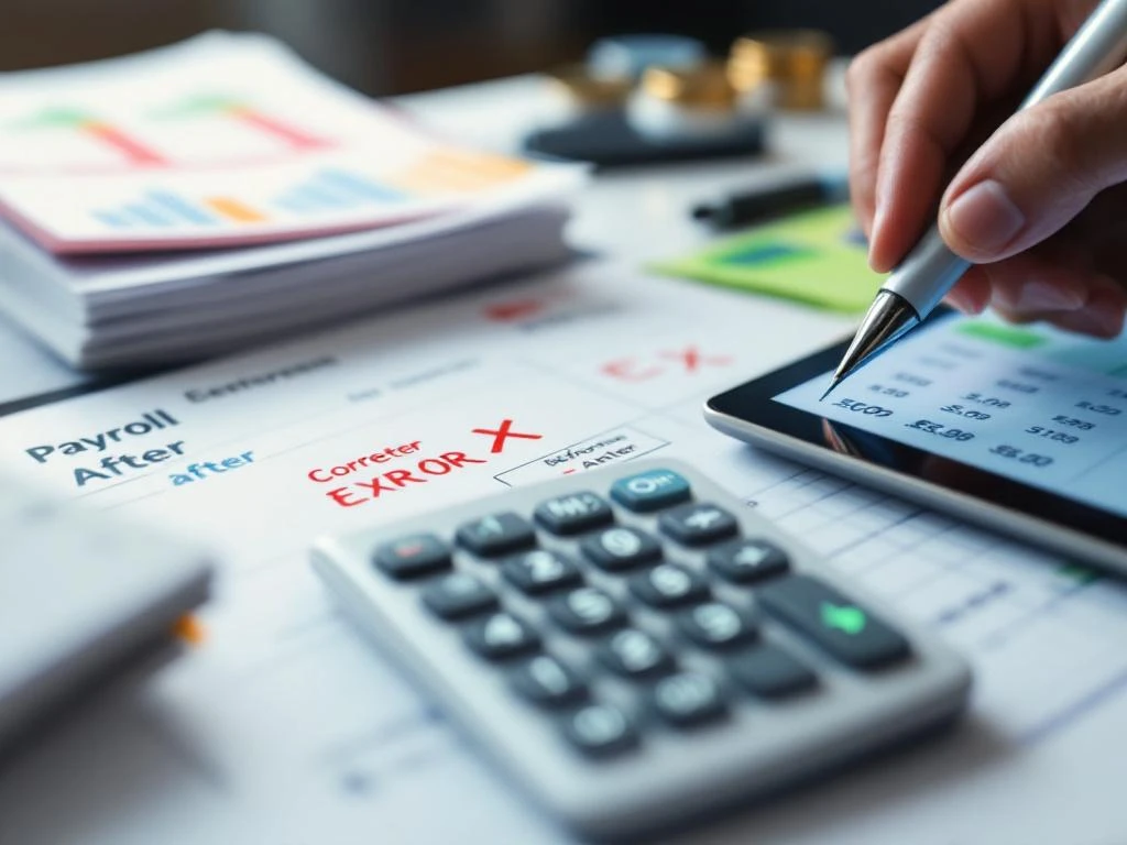 Calculator displaying error symbols beside payroll documents with red corrections and tablet showing financial spreadsheet data