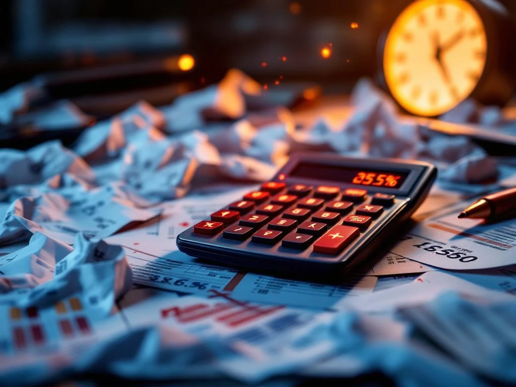 Calculator with error symbols above scattered payroll documents, tax forms with corrections, and crumpled papers on desk