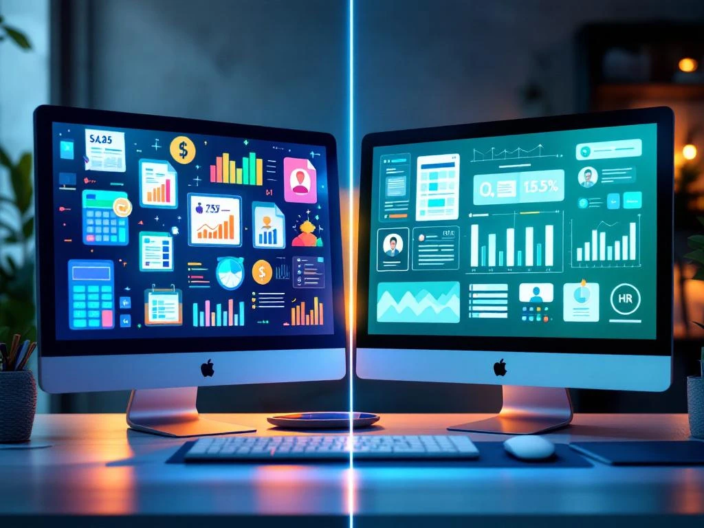 Split-screen computer monitors displaying payroll software with charts and calculators on left, HR management tools on right.