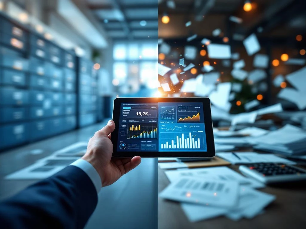 Digital tablet displaying data charts between organized office filing cabinets and scattered documents, showing payroll system integration transformation.