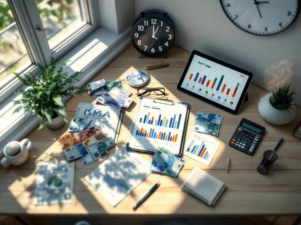 Modern desk with calculator, euro banknotes, tablet showing payroll charts, world clock, and coffee cup in professional workspace