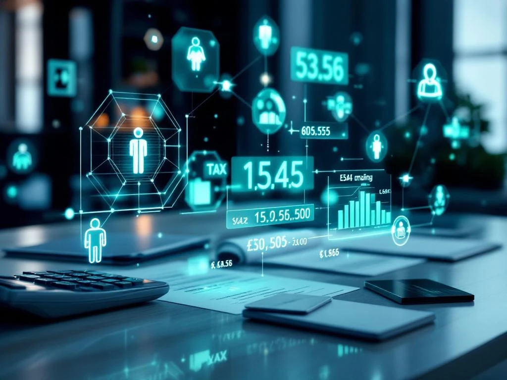 Modern office desk with holographic payroll data streams, calculator, and payment cards in blue corporate lighting.