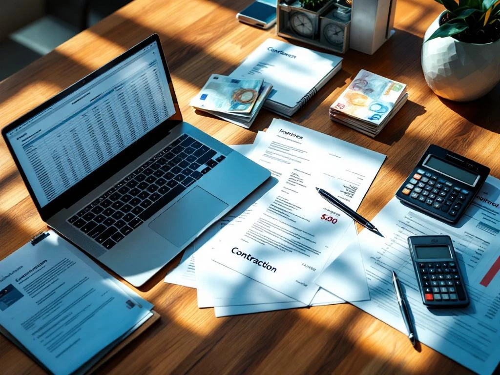 Modern office desk with laptop showing spreadsheet data, contractor agreements, calculator, and European currency stacks