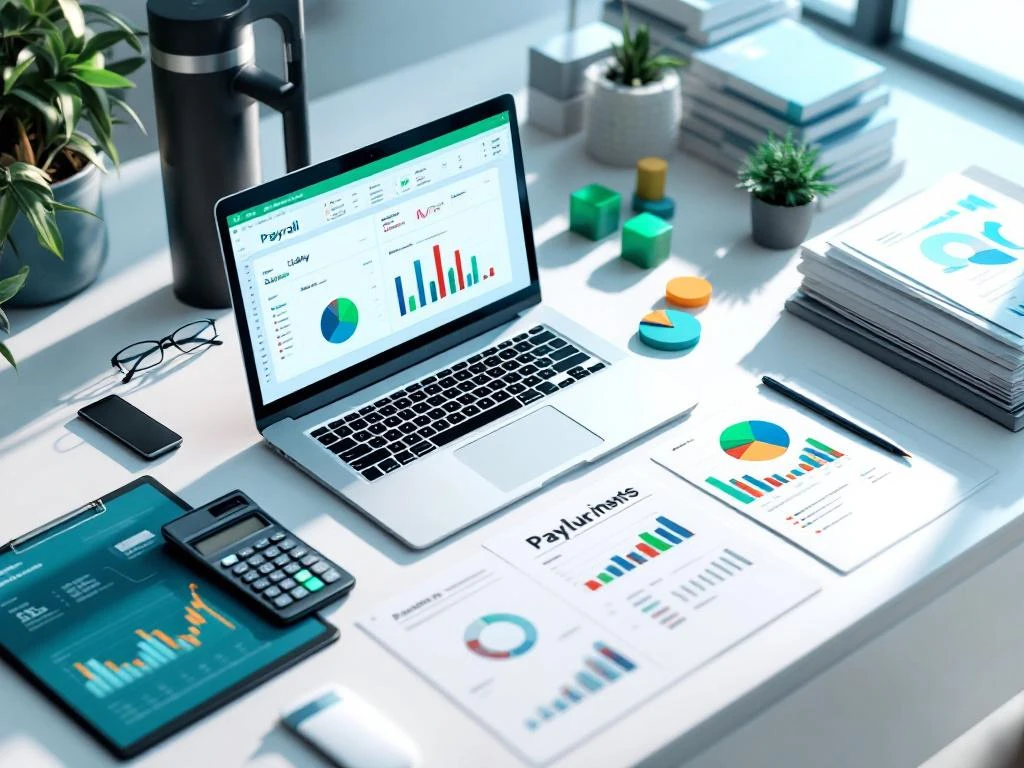 Modern desk with financial documents, spreadsheets, calculator, and laptop displaying payroll data and colorful charts