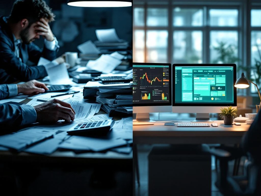 Split-screen comparison: cluttered desk with scattered payroll documents on left versus clean modern workspace with organized digital interface on right.