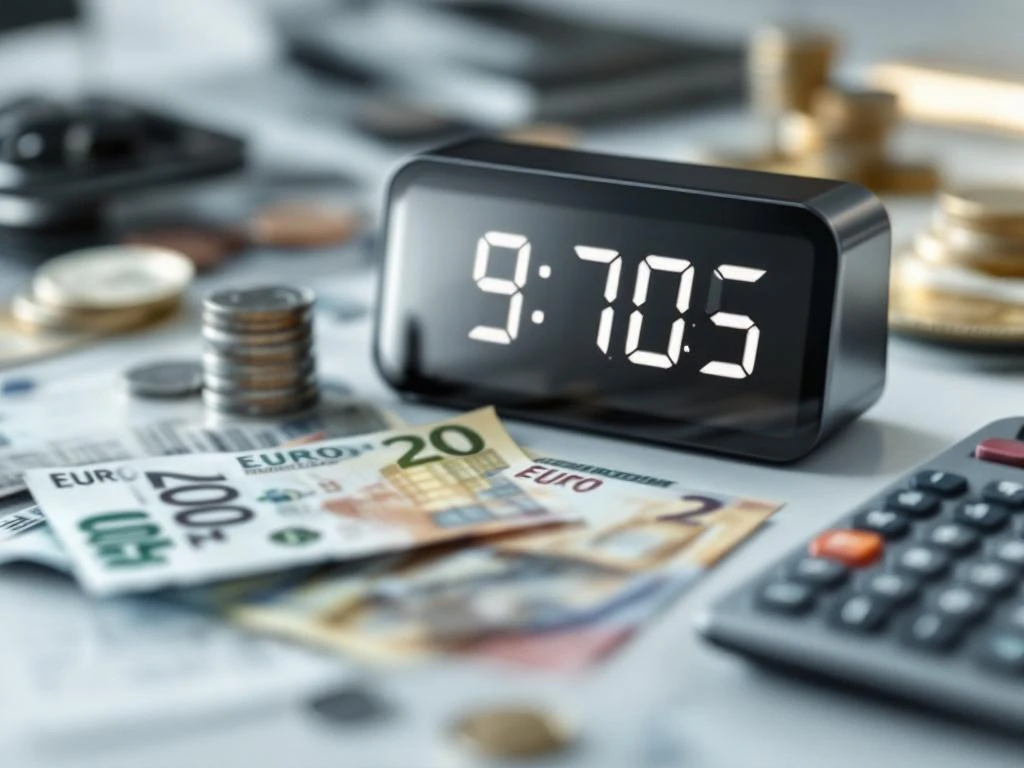 Digital clock displaying seconds next to Euro banknotes, coins, calculator, and payroll documents on white desk