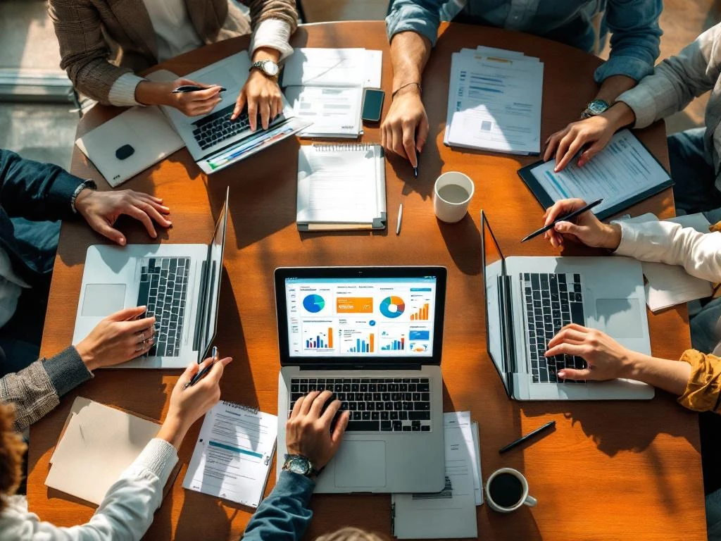 Diverse professionals collaborating around laptops displaying payroll software dashboards during office training session