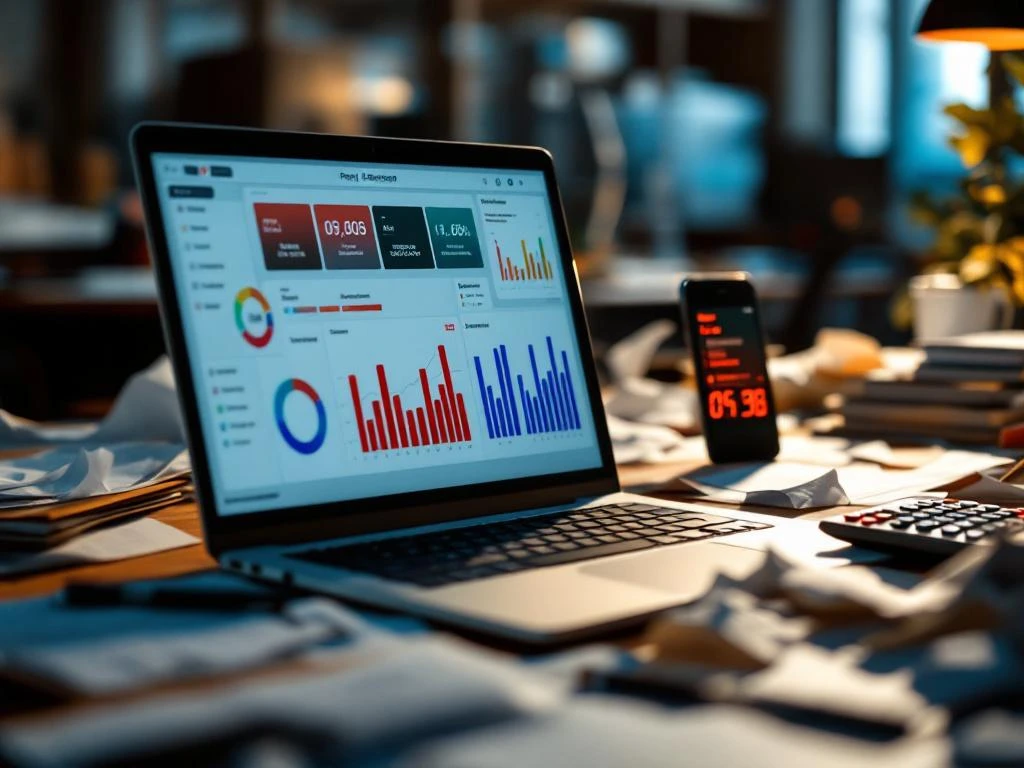 Laptop displaying payroll dashboard with red warning alerts on cluttered office desk with calculator and scattered papers