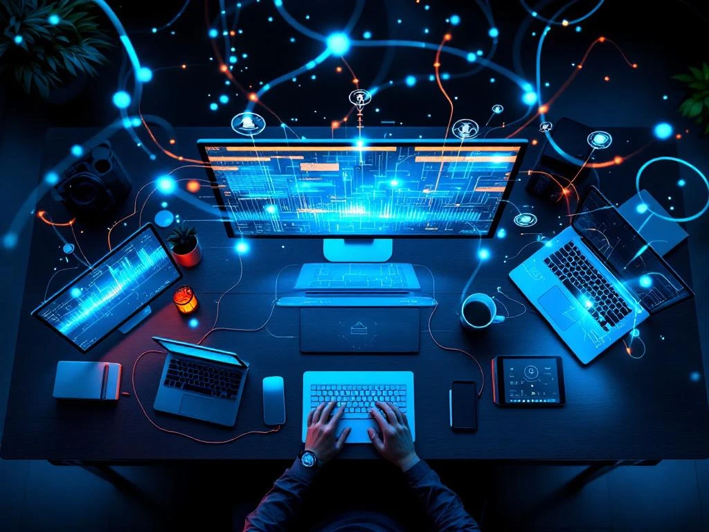 Modern office desk with multiple connected computer screens displaying data streams and digital connections in blue lighting